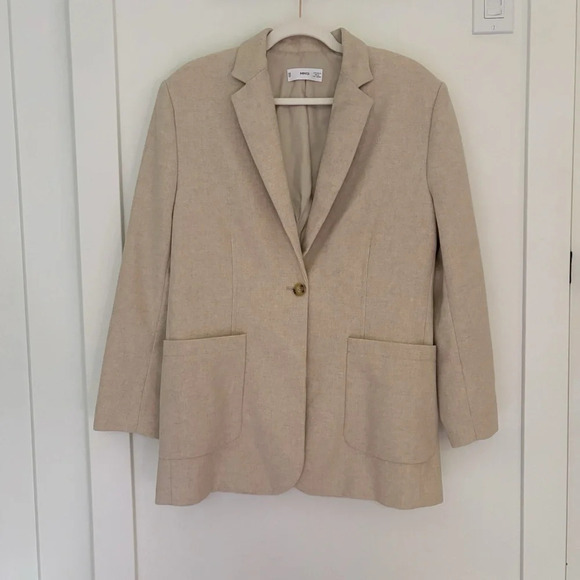 Mango Wool Blend Long Oversized Blazer Light Beige Oatmeal Size M Shoulder  Pads - Picture 4 of 9